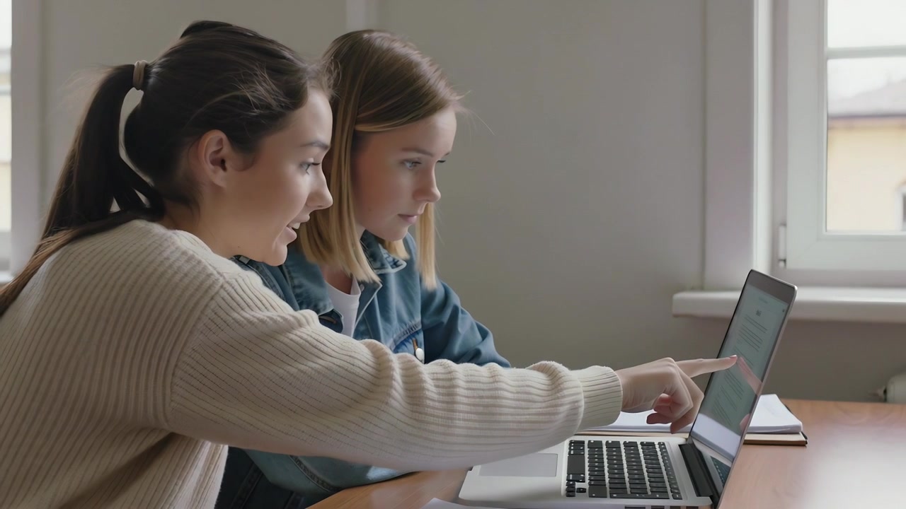 Leaning left girl pointing at laptop screen while right girl watching at wooden table, studying