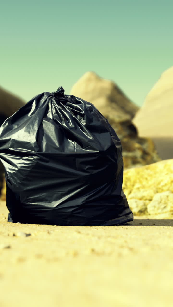 Black trash bag on sandy beach near large rocks under clear sky