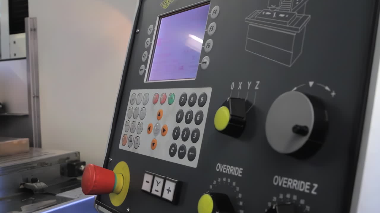 Modern tech equipment industrial technician or engineer hand interacting with touchscreen control panel, monitoring and adjusting parameters of complex manufacturing process in factory setting