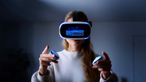 woman immersed in virtual reality using a vr headset and controller