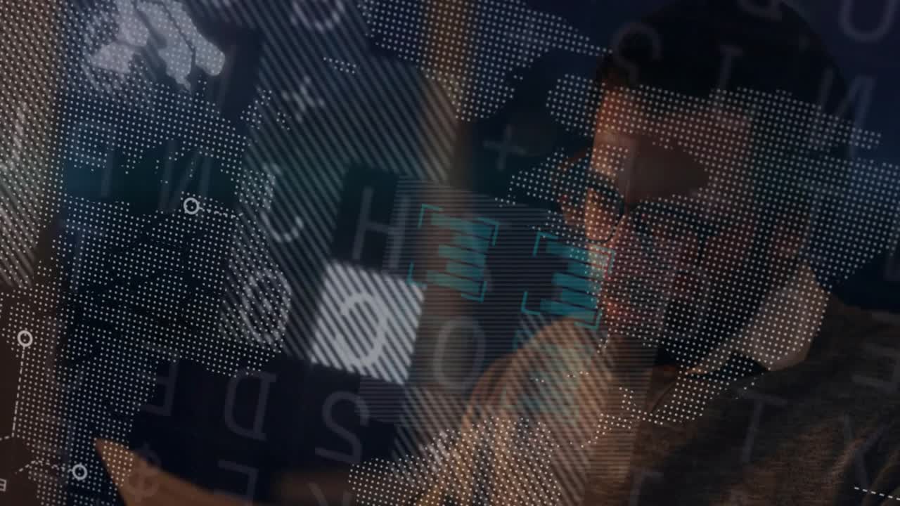 Man wearing glasses pointing at holographic tech display showing world map bar charts binary nodes