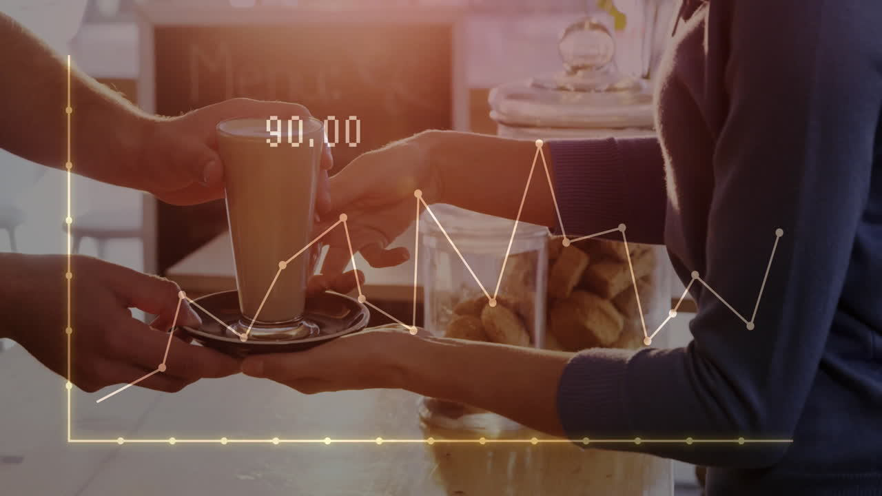 Animation of financial data processing over biracial female barista serving coffee