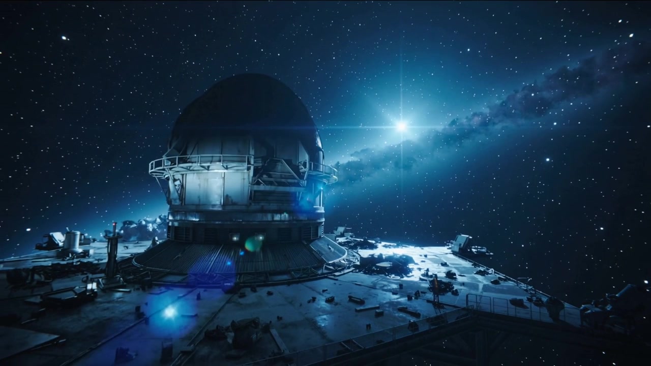 Cámara alejándose, revelando la cúpula de un observatorio girando sobre una plataforma metálica en el espacio, mostrando una nebulosa.