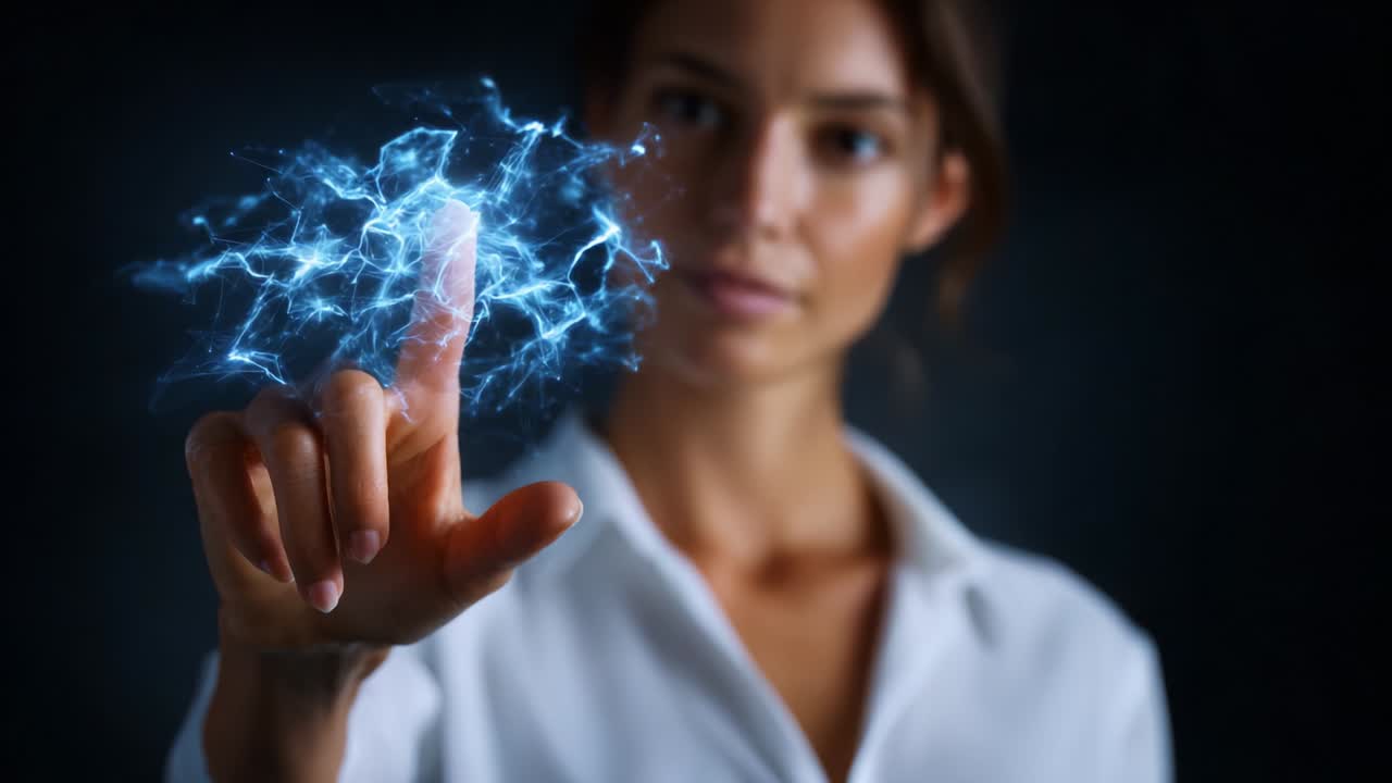A Woman Exploring Electric Energy with Her Touch, Manipulating a Sphere of Light, Showcasing the Intersection of Technology and Human Interaction in a Dark Background