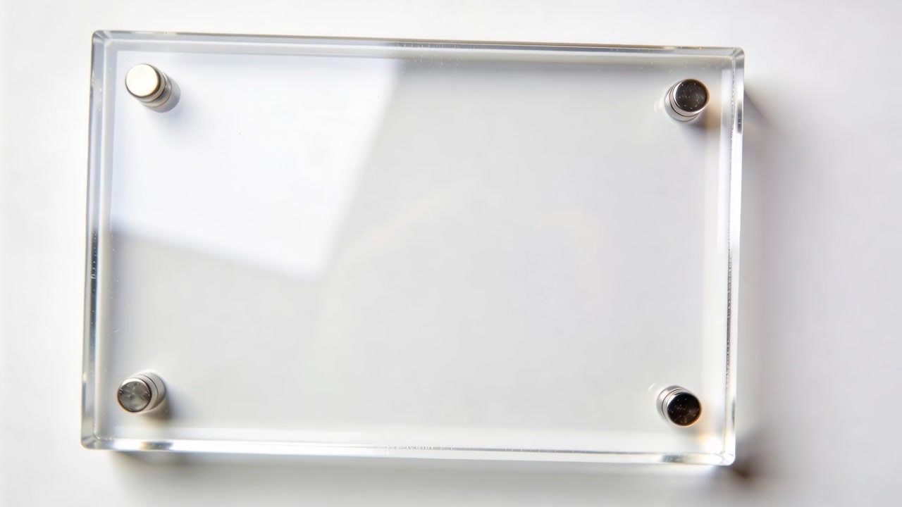 Placca acrilica rotante inclinata a destra su un tavolo bianco per la dimostrazione di un prodotto, con riproduzione di fotogrammi e supporti distanziatori