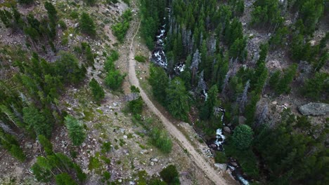 quiet secluded dirt road ends at footpath trail along river lined by evergreen trees in estes park colorado