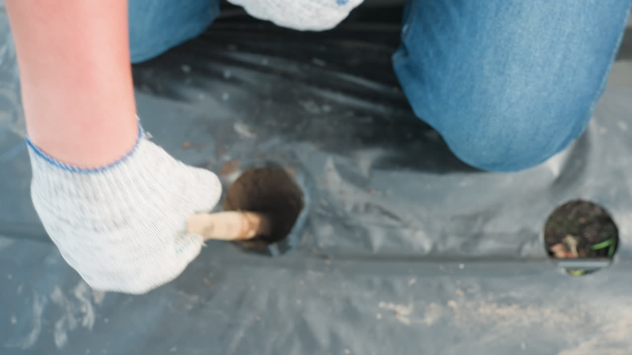 close up top down view gardener burrowing soil with fork handle through plastic mulch holes, detailed soil displacement, gloved hands pressing tool into bed for planting prep under soft natural light