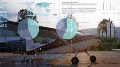 Animation-Von-Diagrammen-Und-Verarbeitungsdaten-über-Einem-Kleinen-Flugzeug-Auf-Dem-Land