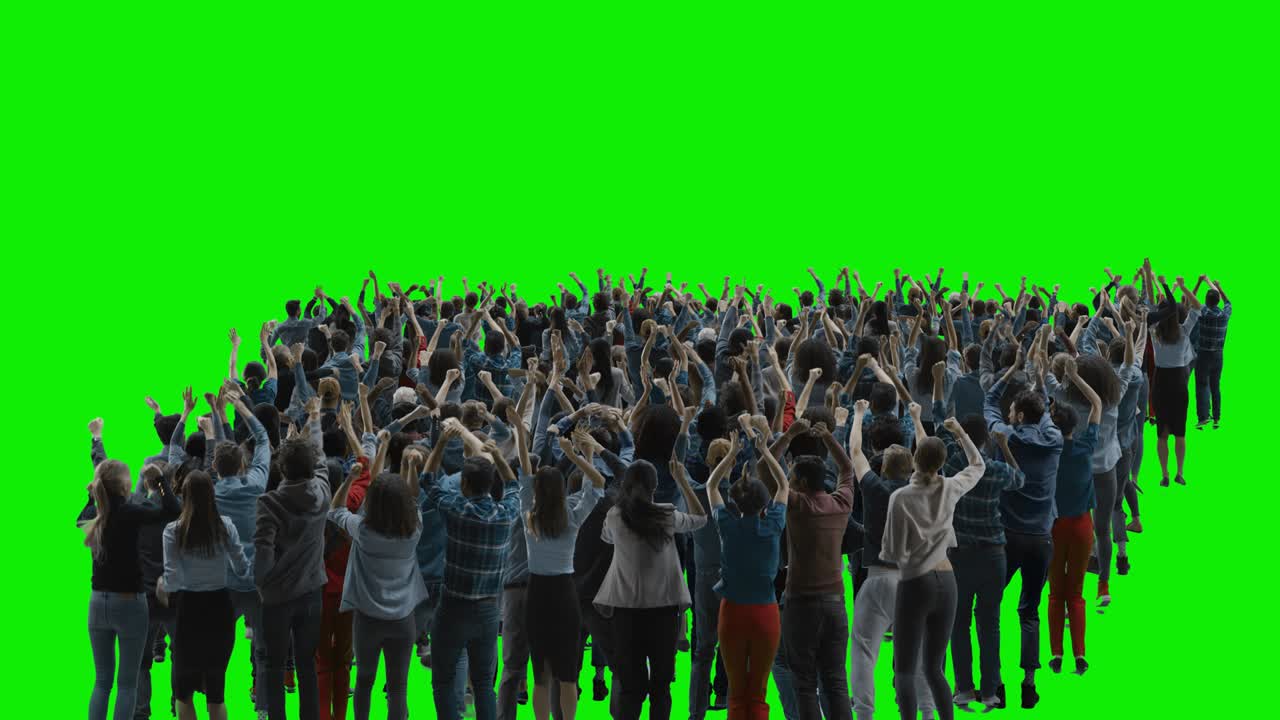 pantalla verde: multitud de personas divirtiéndose, animando, aplaudiendo, celebrando en un evento deportivo, concierto, festival, fiesta. vista trasera. clave de croma, pantalla negra, silueta de personas blancas sobre fondo negro
