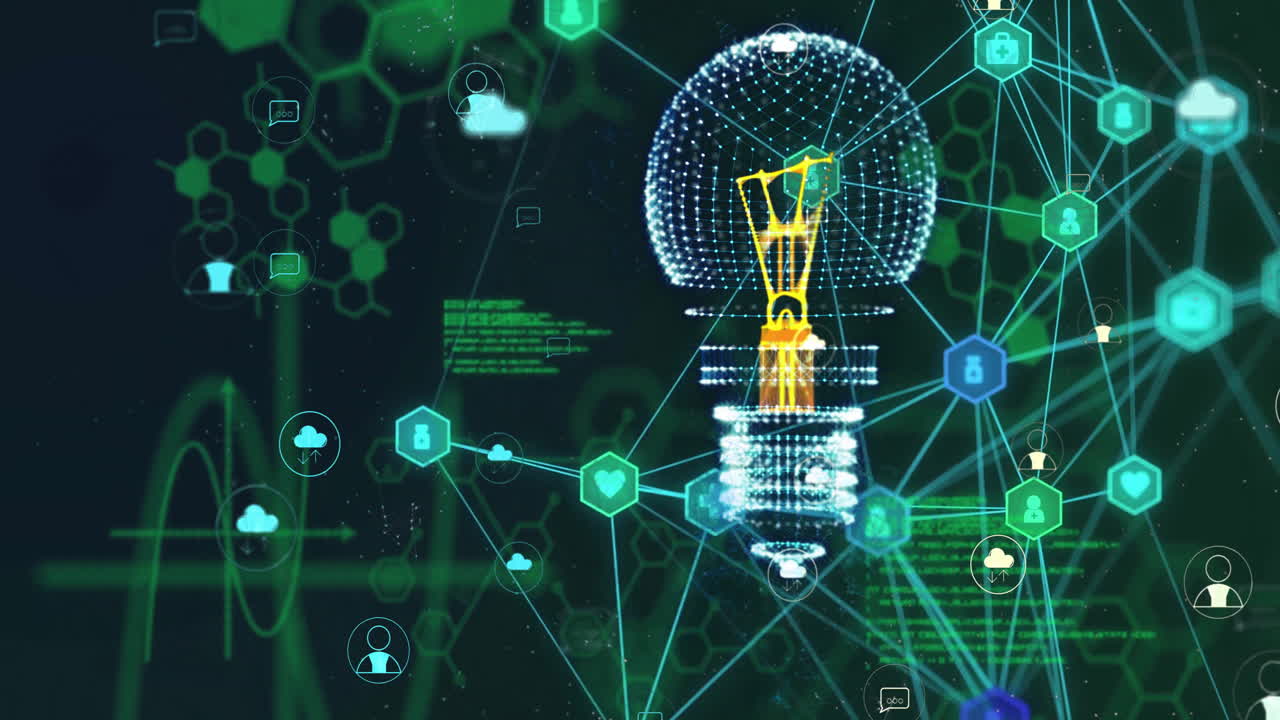 Animation of digital lightbulb and media icons over chemical formula and data processing