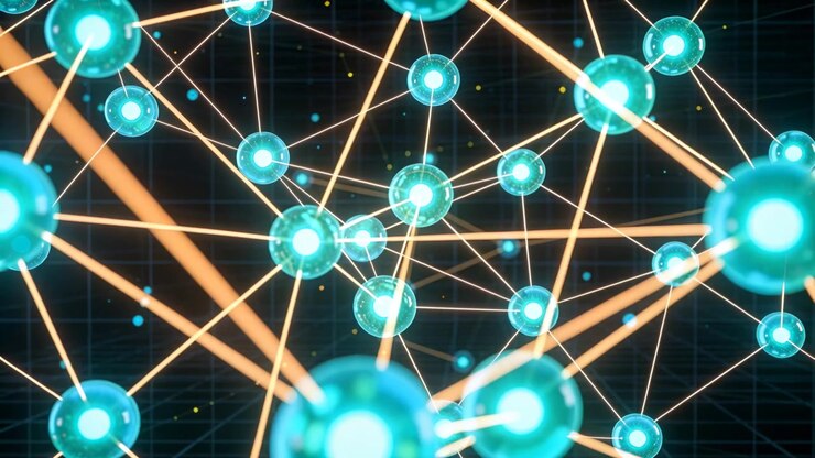 Moving camera forward and rotating, revealing clustered glowing nodes with orange beams, for depth