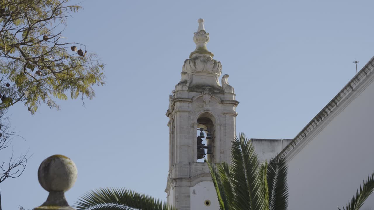 Hafifçe sallanan palmiye yapraklarıyla kısmen çerçevelenmiş Igreja do Carmo çan kulesinin görünümü