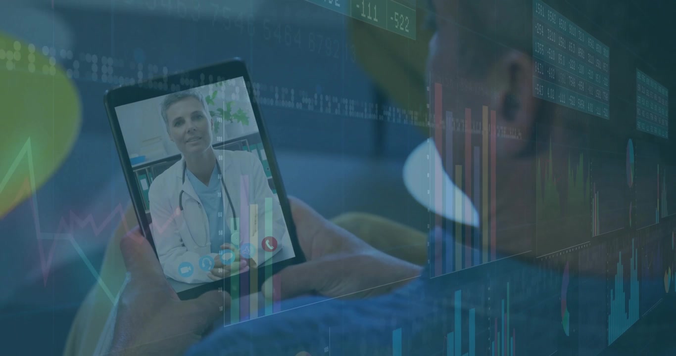 Teleconsulto su tablet con sovrapposizione di dati aziendali digitali