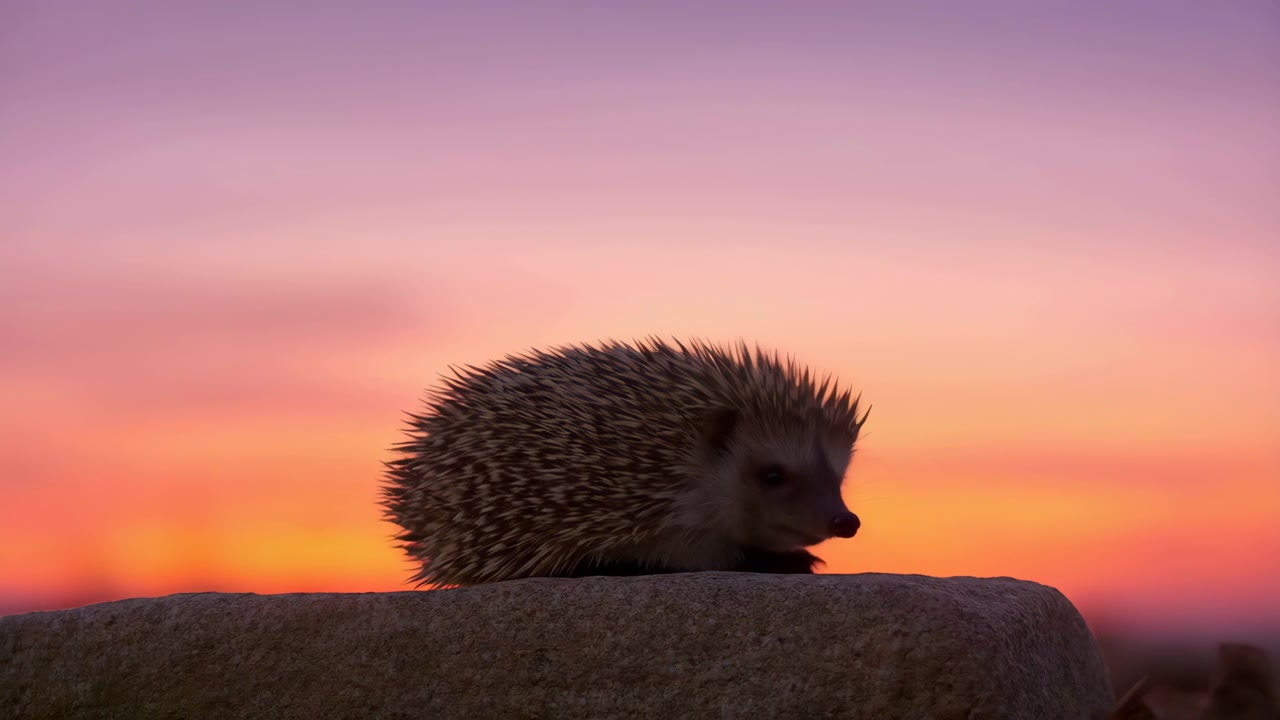 Riccio di profilo che riposa su una sporgenza di pietra ruvida al crepuscolo sotto un cielo pastello al tramonto, con le spine fitte che catturano una morbida luce di contorno, mentre il muso abbassato, l'occhio visibile e l'atmosfera tranquilla creano una scena esterna serena