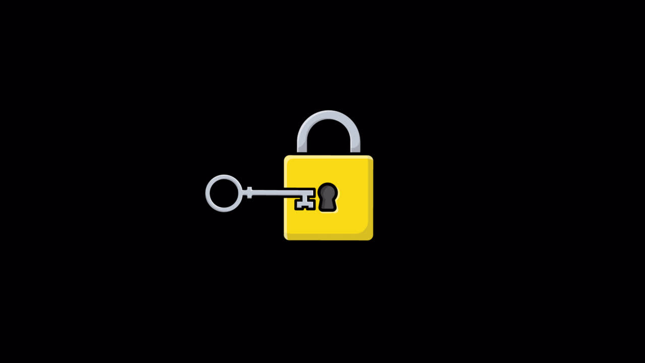 Animated Key Turning in Padlock on Black Background