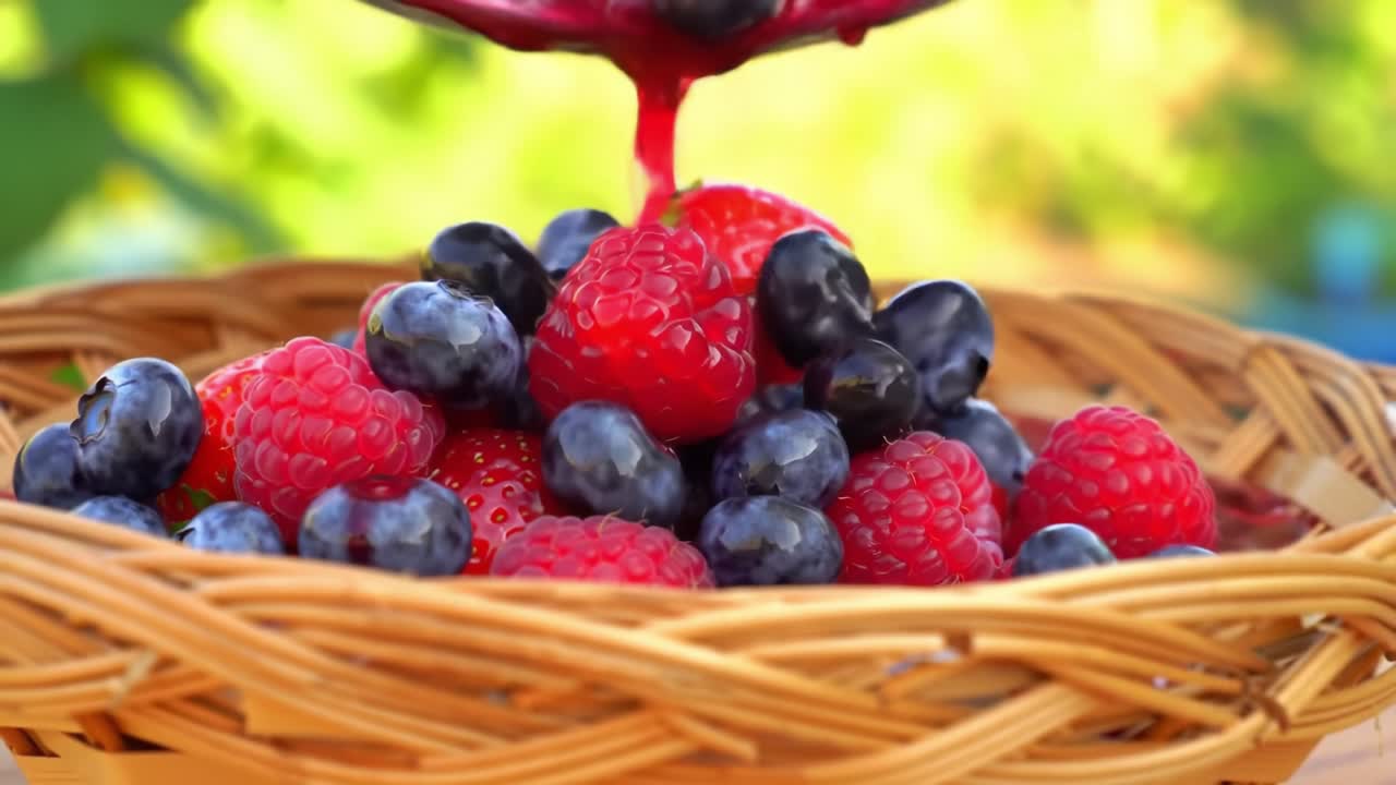 Delicious Mixed Berry Medley: A Visual Treat of Fresh Raspberries, Blueberries, and Strawberries Glistening with Juicy Extracts in a Rustic Woven Basket