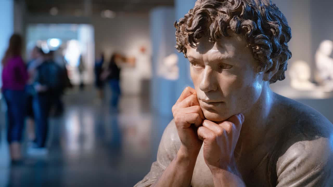 Una scultura pensierosa: un primo piano di una figura riflessiva con dettagli intricati, sullo sfondo di un vivace ambiente di galleria d'arte.