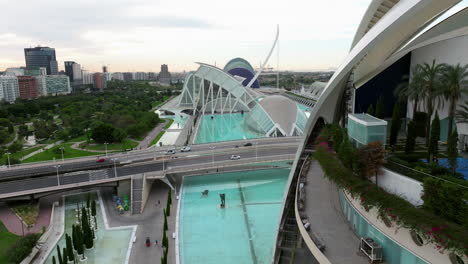 aerial view over modern city of arts and sciences in valencia, spain - drone shot