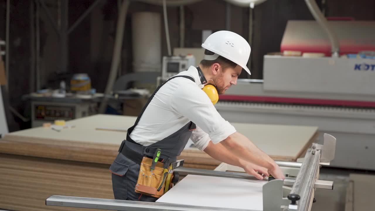 il falegname misura il nastro misura la dimensione del materiale prima del taglio