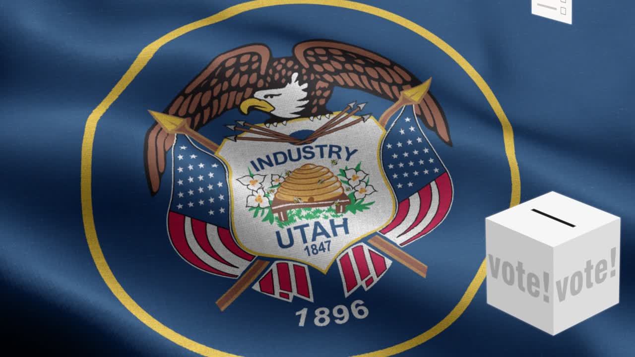 유타 주 - 투표용지가 유타 주 선택을 위해 상자에 날아갑니다 - 발 앞의 투표용지 - 선거 - 투표 - 국가 발 유타 주 파동 패턴 루프 가능한 요소 - 직물 질감과 끝없는 루프 - 유타 주 루프 가능한 발 - 미국 주 발