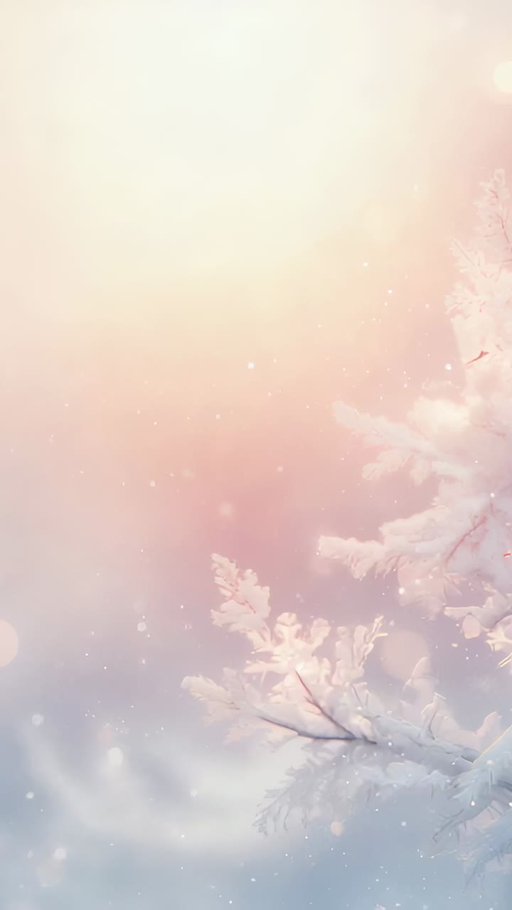 Vertical video: Low sun moving frosted branch, revealing flare and snow in park, copy space