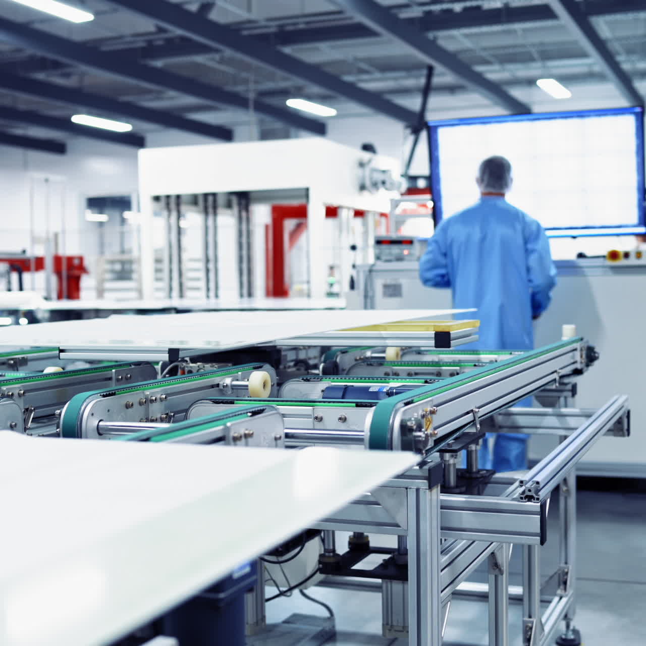 Solar panels production plant, green energy concept. Industrial space with special machinery. Technic zone at modern plant.