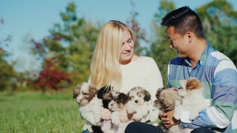 pareja feliz sosteniendo camada de cachorros