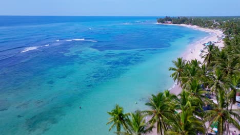 hermosa vista aérea de playa guayacanes rodeada de mar azul claro y arena blanca bordeada de palmeras en santo domingo, república dominicana