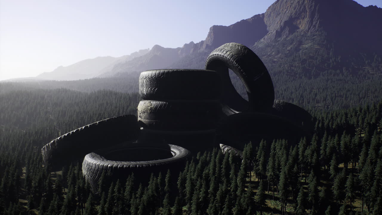 Used tires stacked in a forest setting during late afternoon light