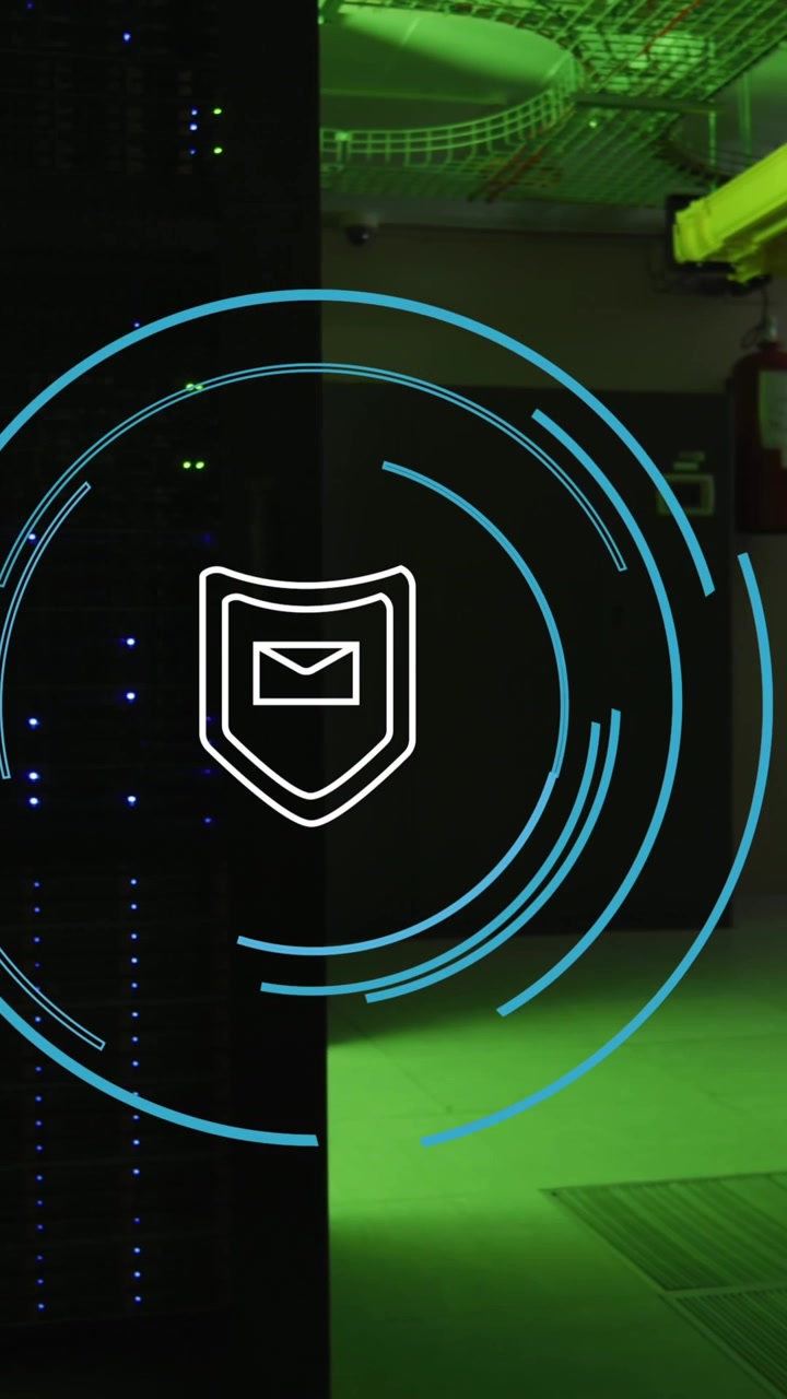 Animation of shield with envelope icon and circles over server room