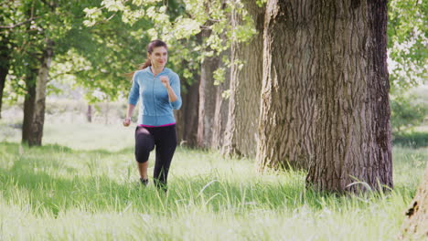 crane shot of woman exercising running through countryside field