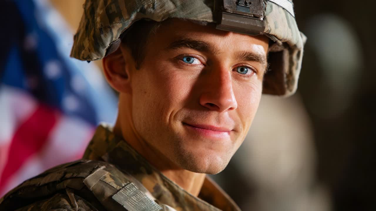 A Dedicated Soldier's Portrait: Capturing the Strength and Resilience of a Young Warrior in Uniform, Showcasing His Determination and Commitment to Service Against the American Flag Background