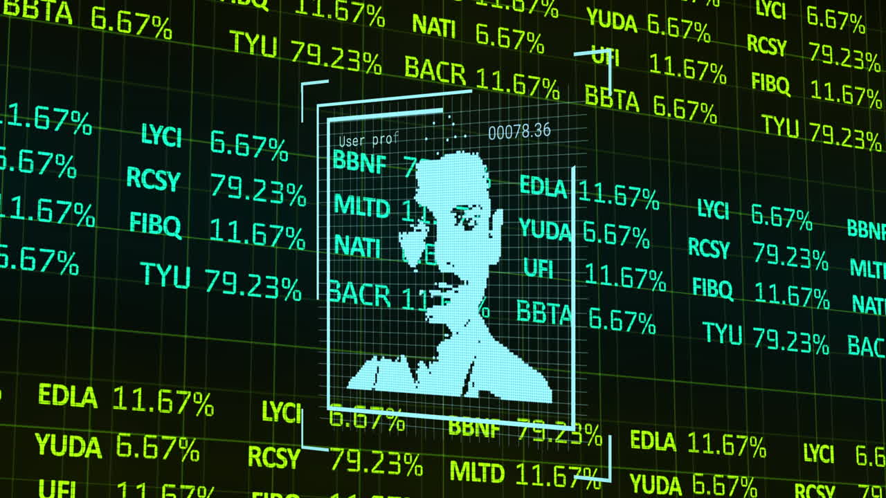 Animation of stock market over people portraits icons on black background
