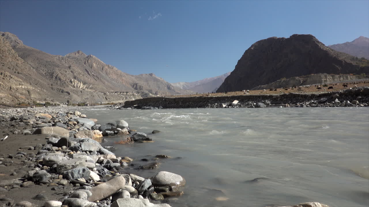 A river flowing the barren and dry desert land of northern nepal.