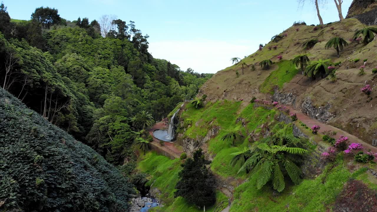 4K aerial footage of the Ribeira dos Caldeirões Natural Park in São Miguel Island, Azores, Portugal