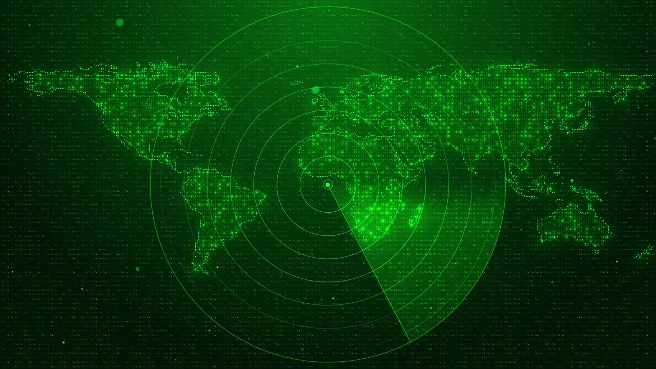 Immagine visiva di una mappa radar di sorveglianza verde con cerchi di scansione a spazzata, punti luminosi della mappa del mondo e tattici