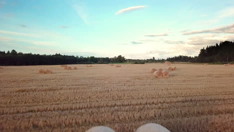 Toma-Aérea-Lenta-Y-Constante-De-Rollos-De-Heno-En-El-Campo-De-Trigo-Recién-Cosechado-En-El-Campo-De-Letonia