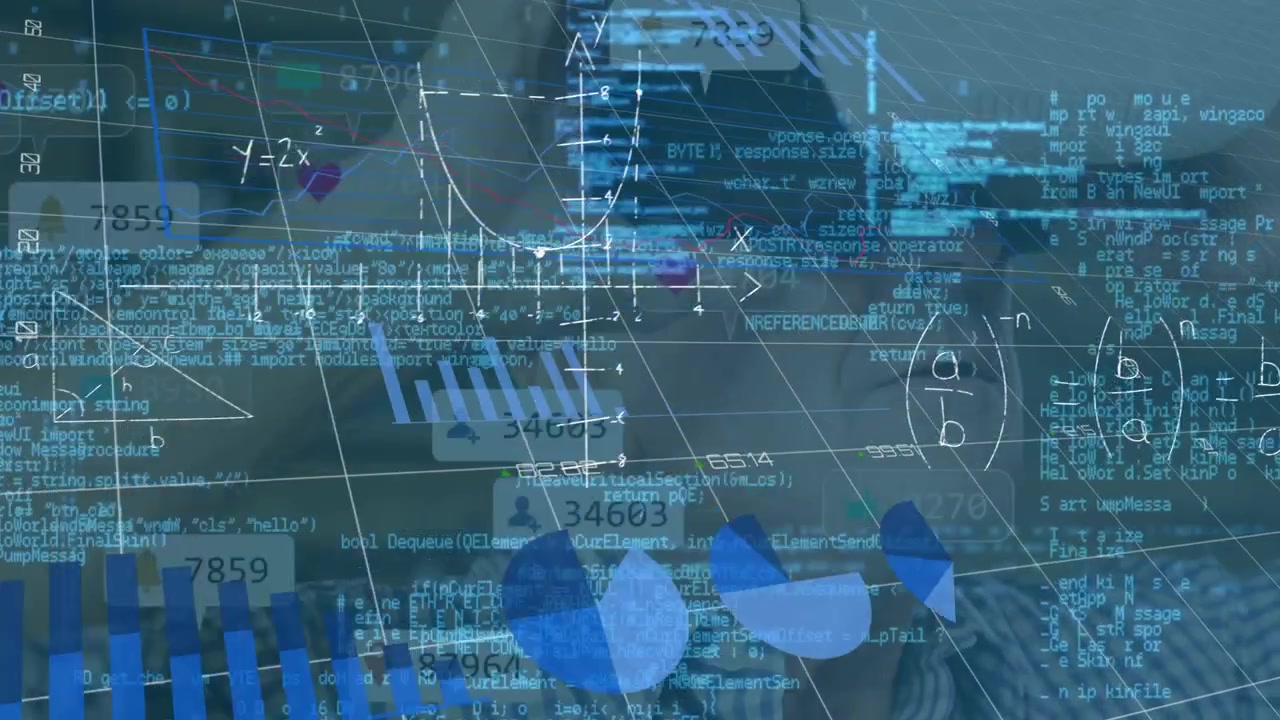 Animation of data processing over caucasian man using vr headset