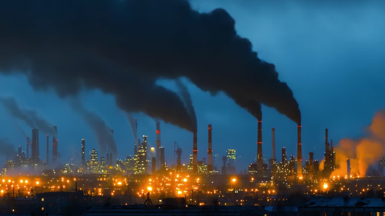 Scena industriale drammatica: ciminiere che scaricano sostanze inquinanti nell'atmosfera al crepuscolo, illuminando il cielo con un bagliore minaccioso