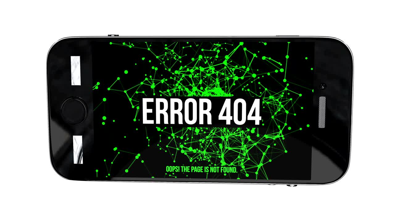 Smartphone with Page Not Found Error 404. Abstract Network Moving Background. Green Dots Connected by Lines on black background. Number 404 available in 4K