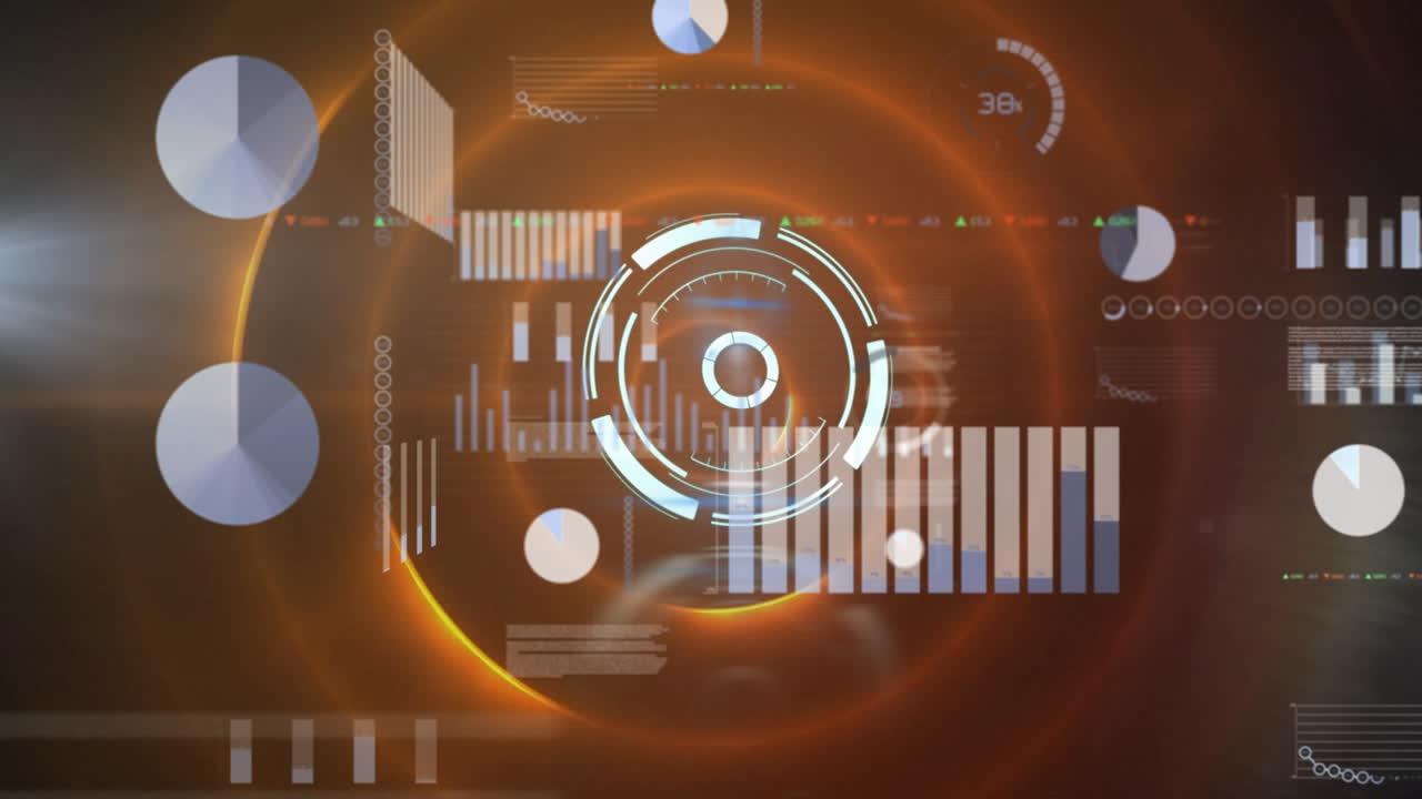 animación de escáner redondo de neón sobre procesamiento de datos estadísticos y senderos de luz naranja girando