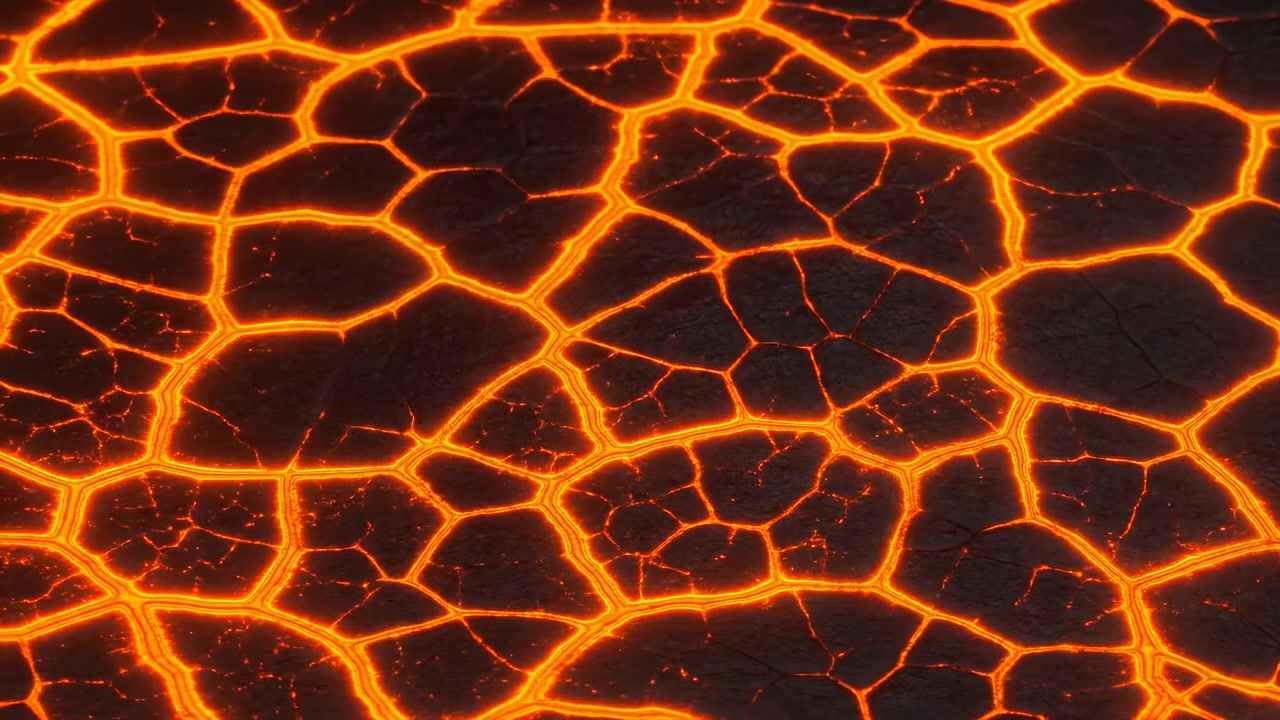 Vista ravvicinata dall'alto di crosta vulcanica fessurata dove la lava fusa brillante risplende attraverso fessure irregolari, con canali arancioni in espansione, texture scura carbonizzata e un forte contrasto termico sulla superficie.