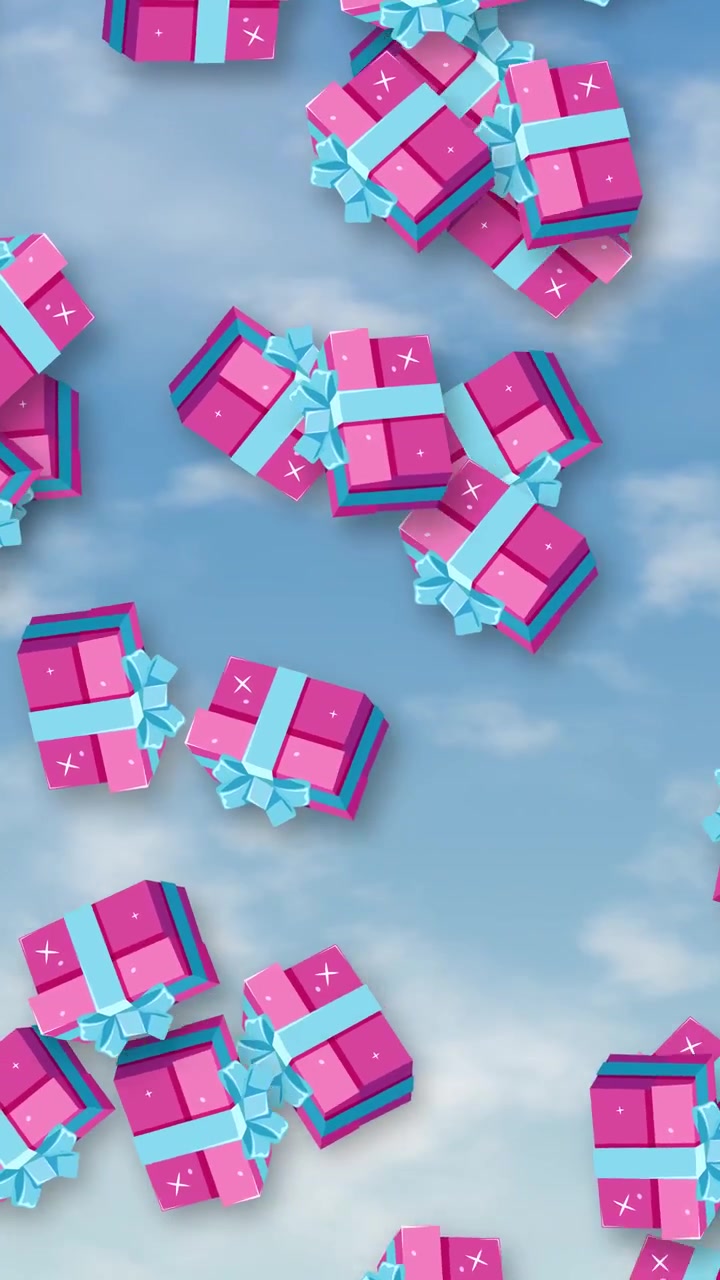 Scatole regalo rosa con nastri blu fluttuano verso il basso su uno sfondo di cielo blu soleggiato