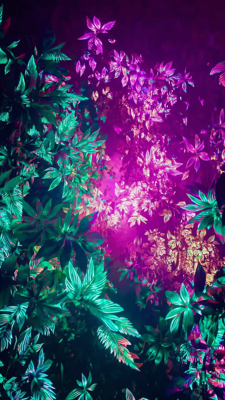 Vivaci foglie al neon nelle tonalità rosa e viola, riprese dall'alto, che creano un effetto surreale.