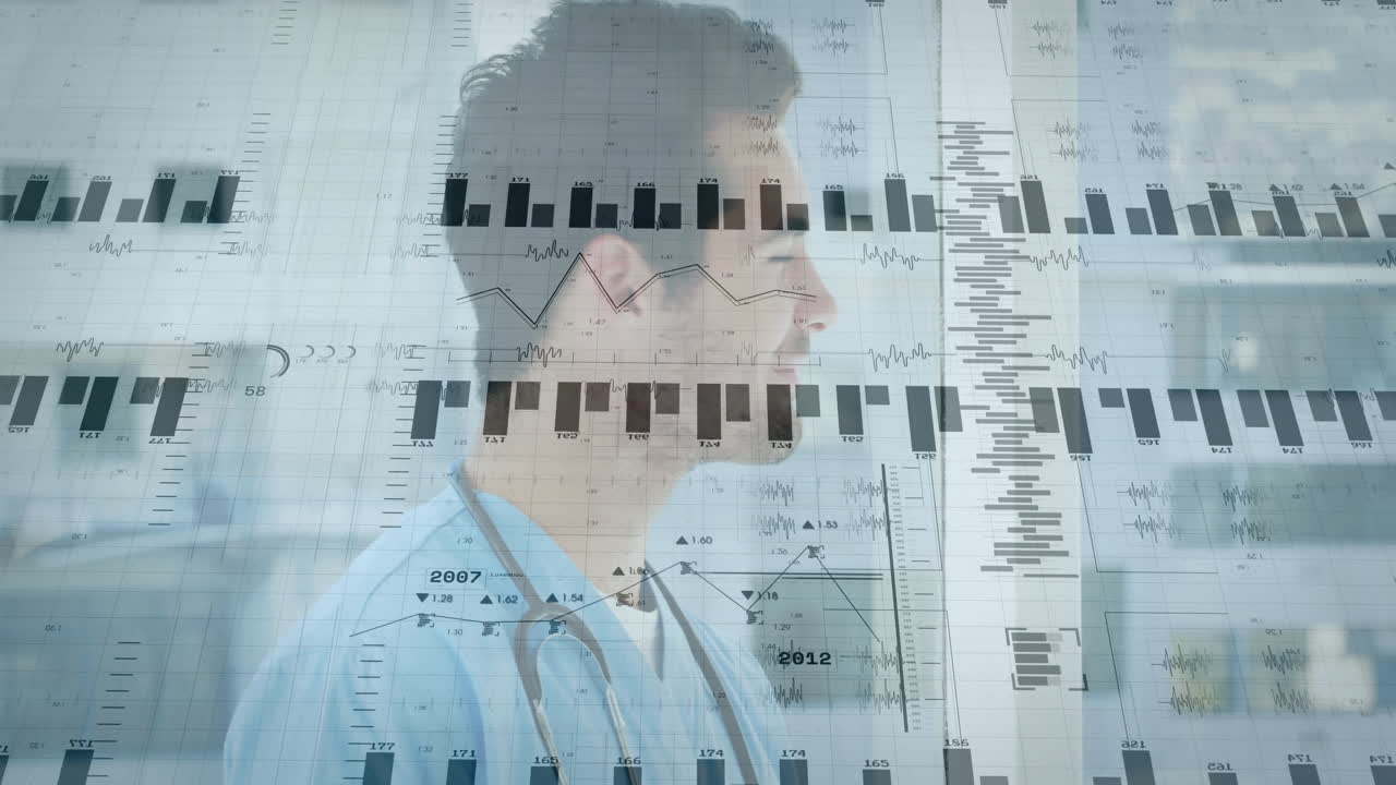 Analyzing data charts and graphs, medical professional working in office