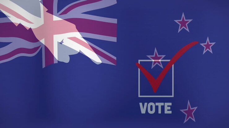 Pointing hand and vote checkbox animation over flag elements on blue background