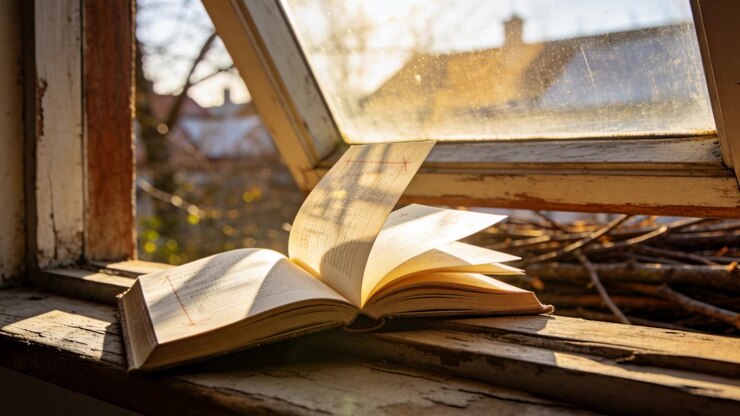 Libro aperto sul davanzale di una finestra a battente, con la pagina centrale che si gira per una leggera corrente d'aria, e la luce del sole che cattura la polvere.
