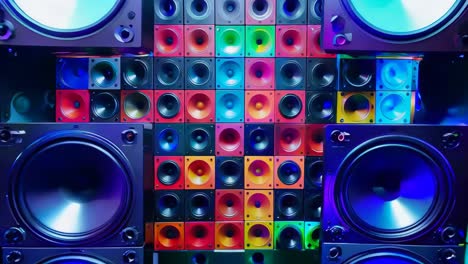 a group of colorful speakers stacked on top of each other