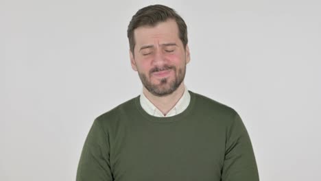 disappointed man reacting to loss, white background