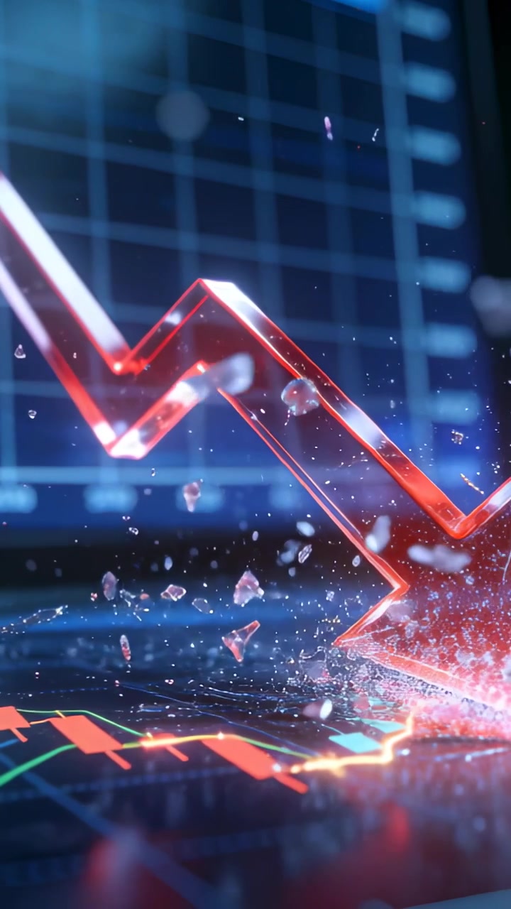 Vertical video: Upper-left descending red arrow hitting chart candles sending shards, signaling dip